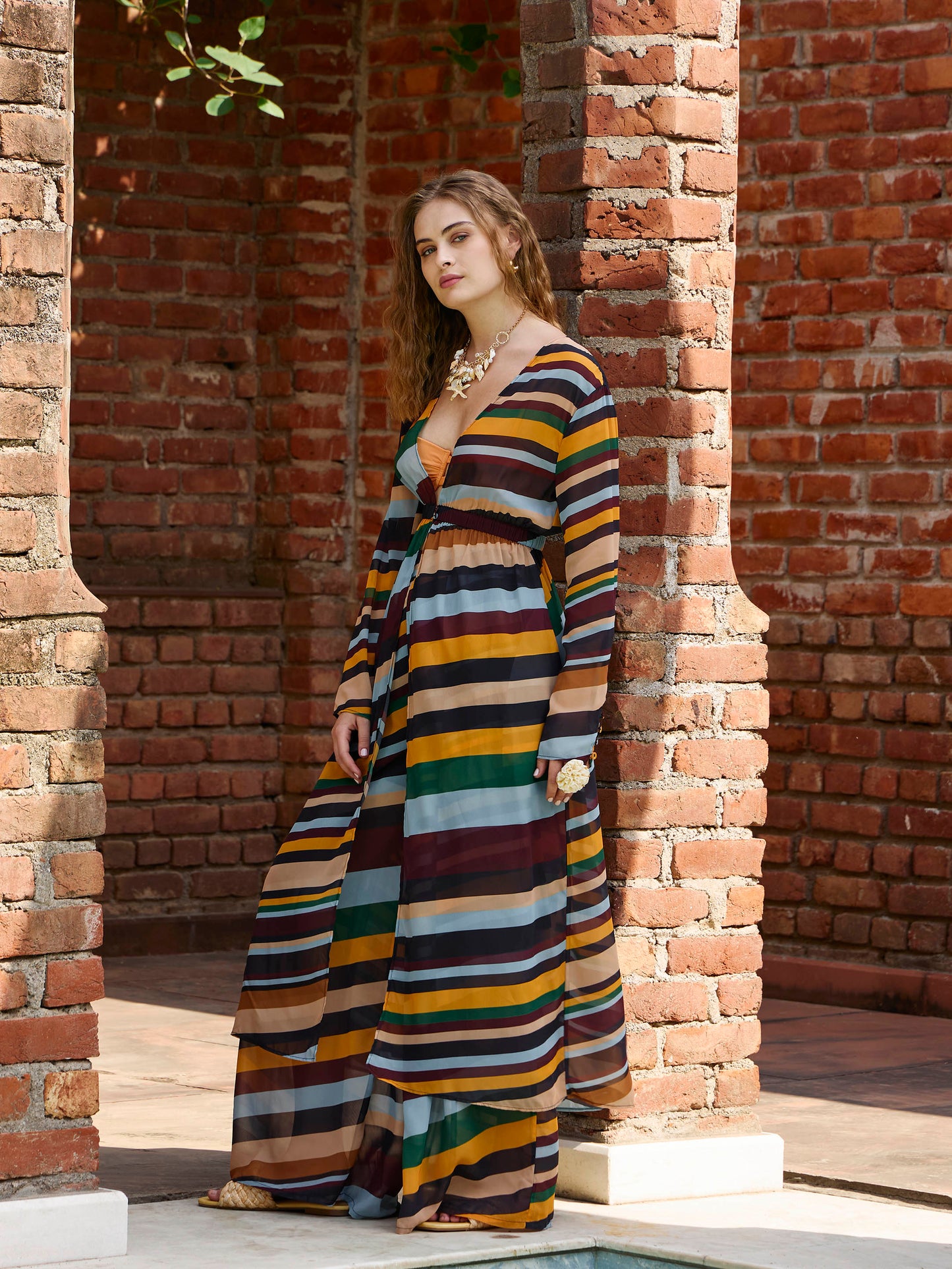 Women Yellow Multicolor Stripes Top With Flared Pants