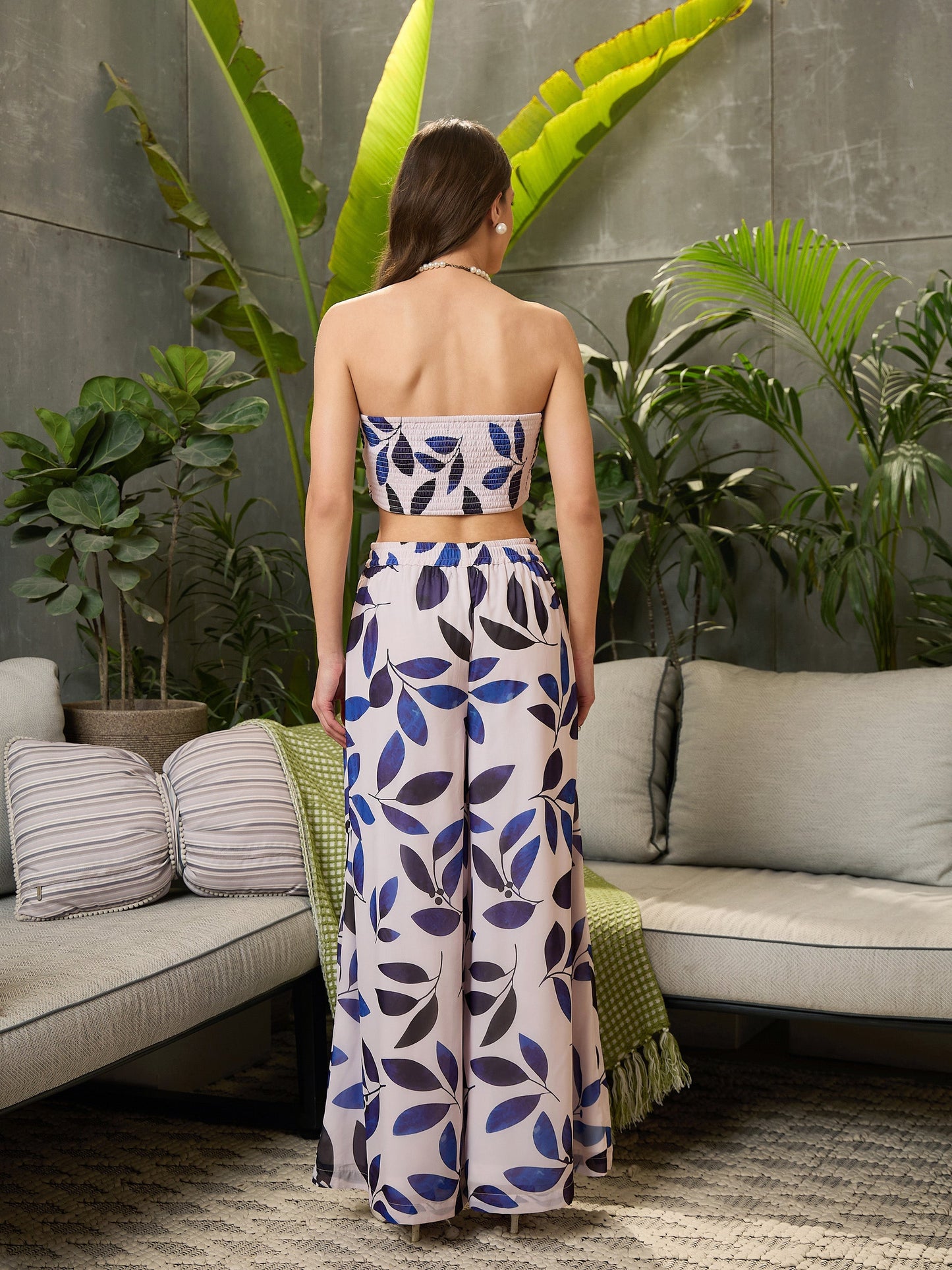 Women White Floral Tube Top With Flared Pants