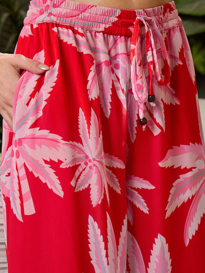 Women Red Floral Tube Top With Flared Pants