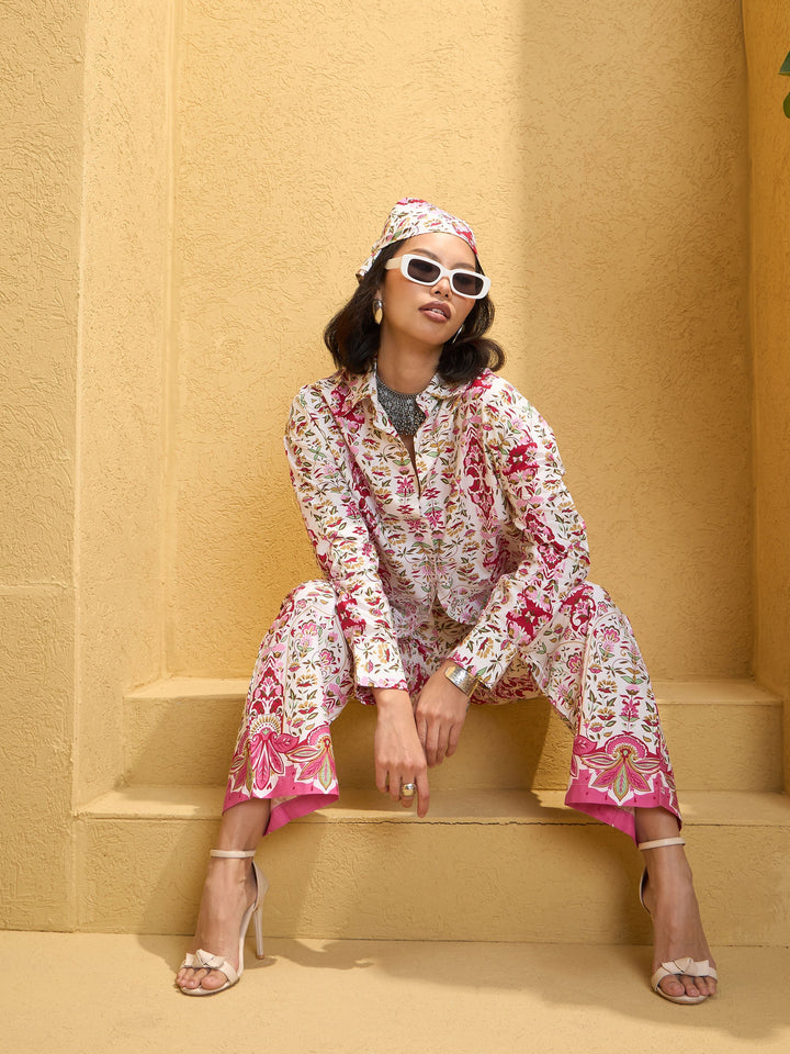 Women Pink &amp; White Floral Shirt With Pants