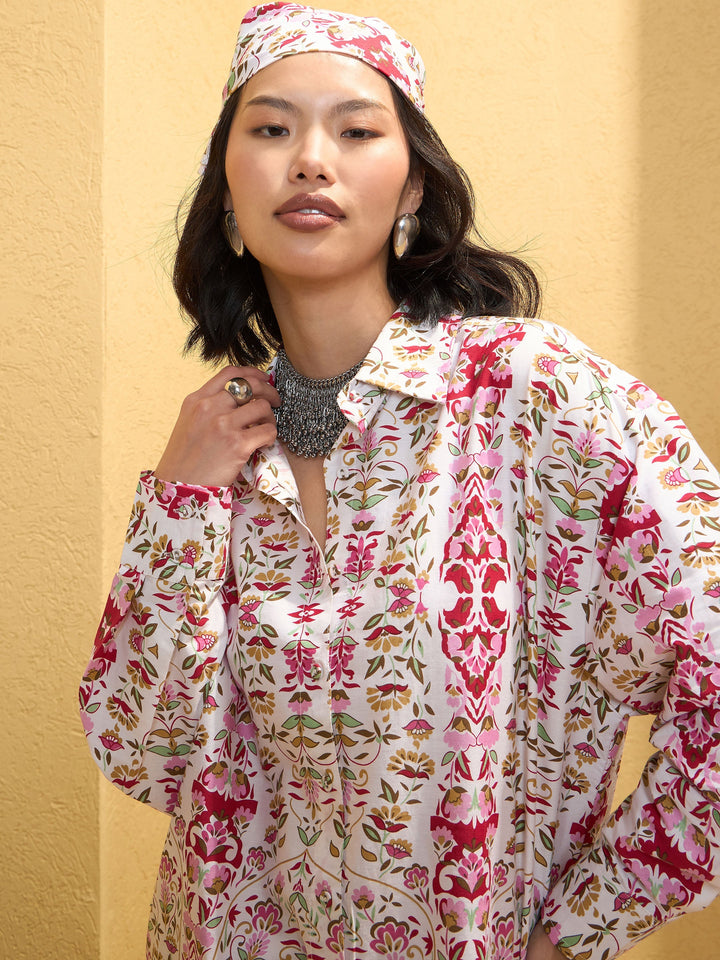 Women Pink &amp; White Floral Shirt With Pants