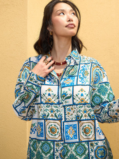 Blue & White Cambric Floral Shirt With Pants