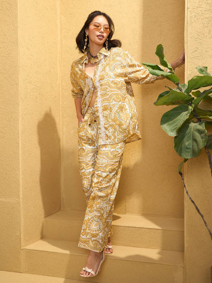 Yellow Cambric Floral Shirt With Pants