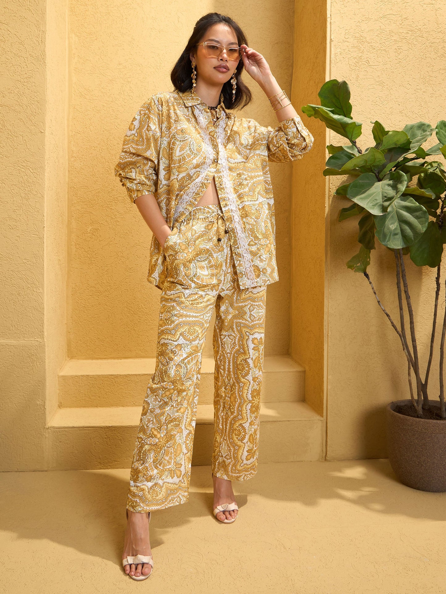 Yellow Cambric Floral Shirt With Pants