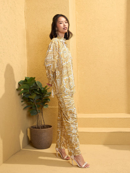 Yellow Cambric Floral Shirt With Pants