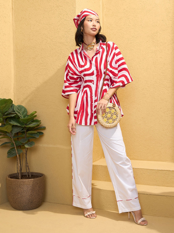 Women Red &amp; White Geometric Shirt With Solid Pants