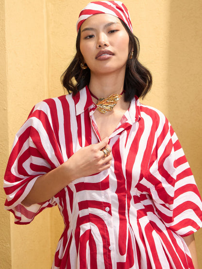 Women Red & White Geometric Shirt With Solid Pants