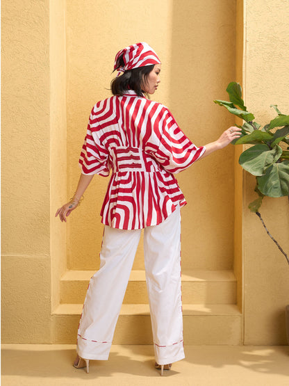 Women Red & White Geometric Shirt With Solid Pants
