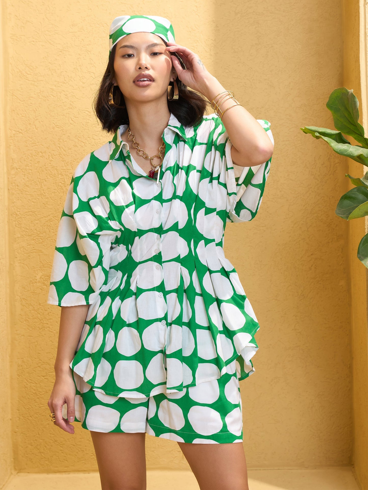 Women Green Polka Dot Shirt with Shorts