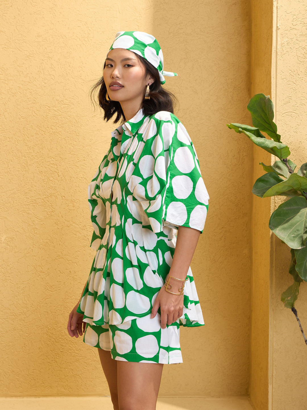 Women Green Polka Dot Shirt with Shorts