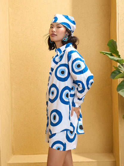 Women White Evil Eye Print Oversized Shirt With Shorts