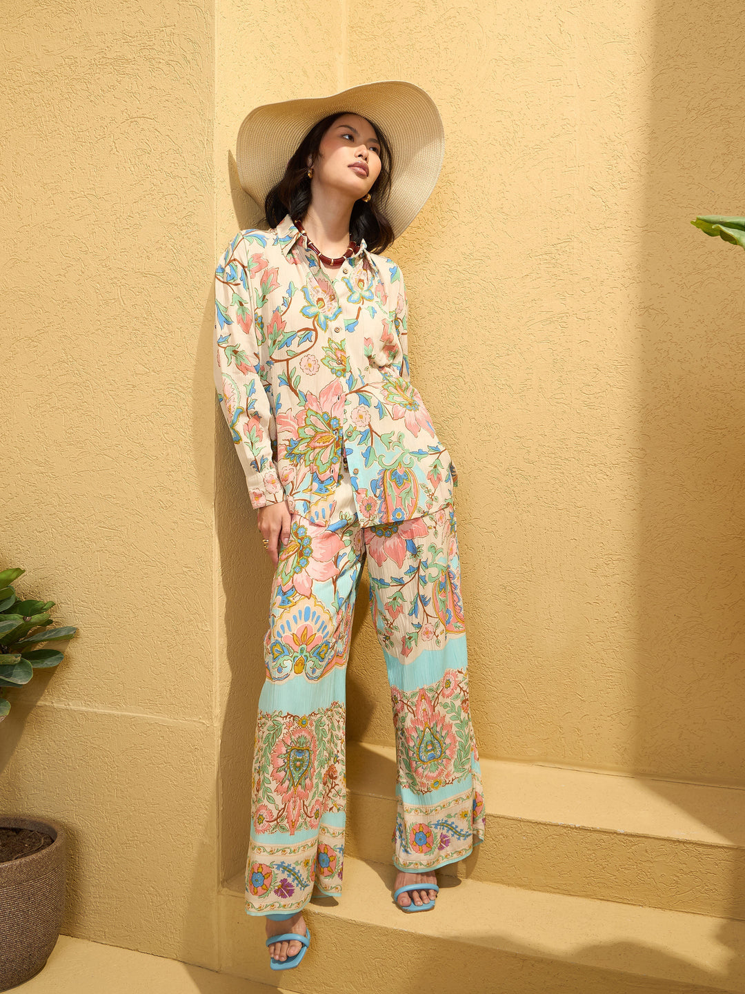 Women Beige Floral Border Print Shirt With Pants