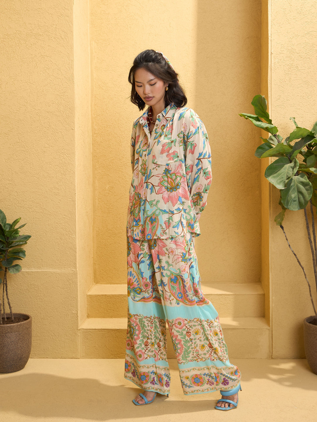 Women Beige Floral Border Print Shirt With Pants