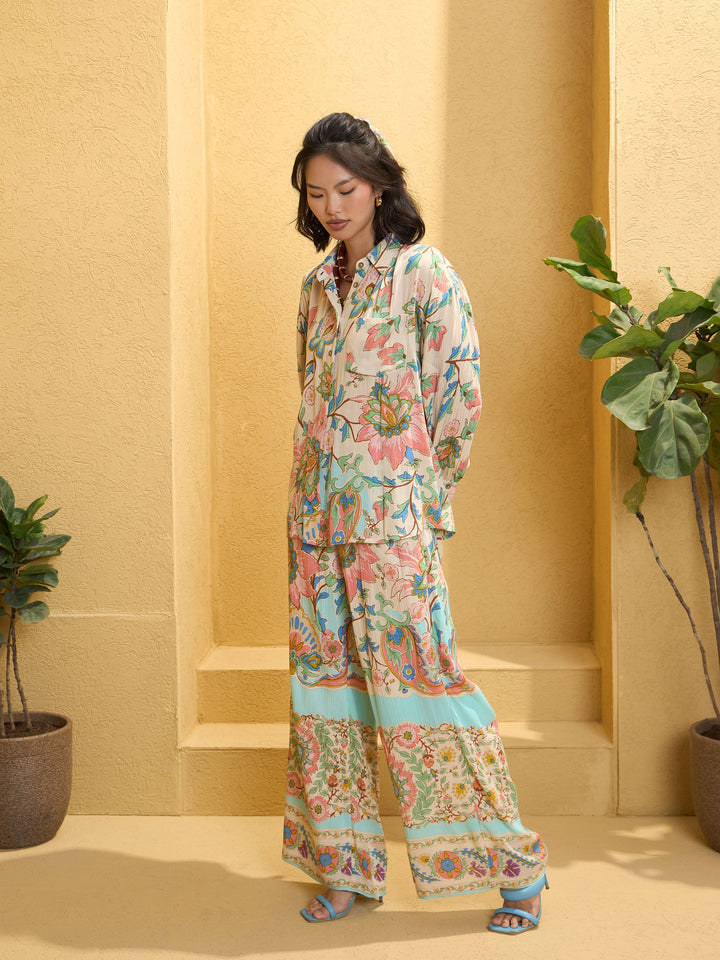 Women Beige Floral Border Print Shirt With Pants