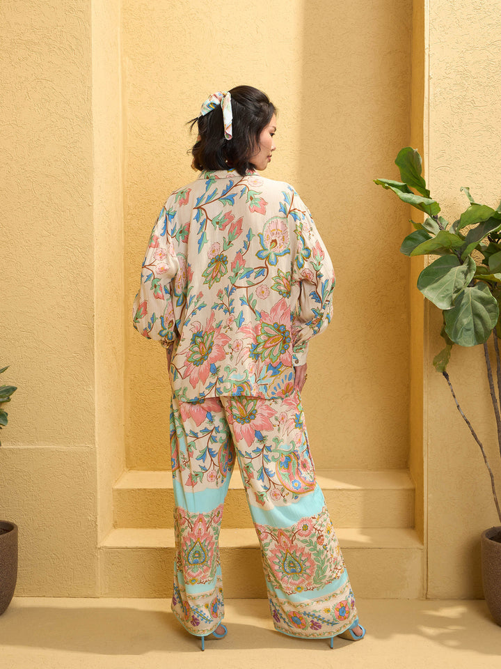 Women Beige Floral Border Print Shirt With Pants