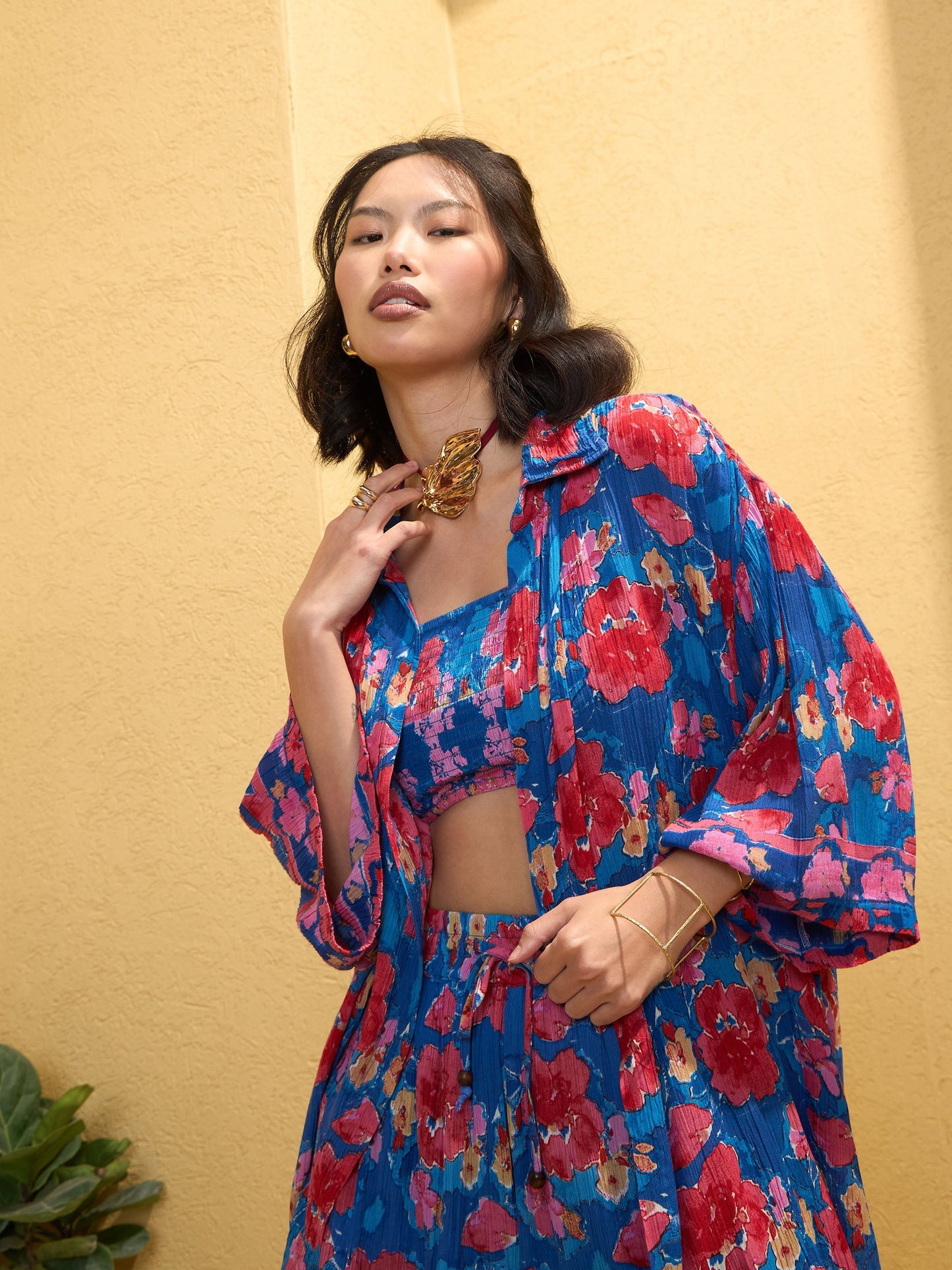 Navy Blue Floral Bustier With Shorts & Shrug