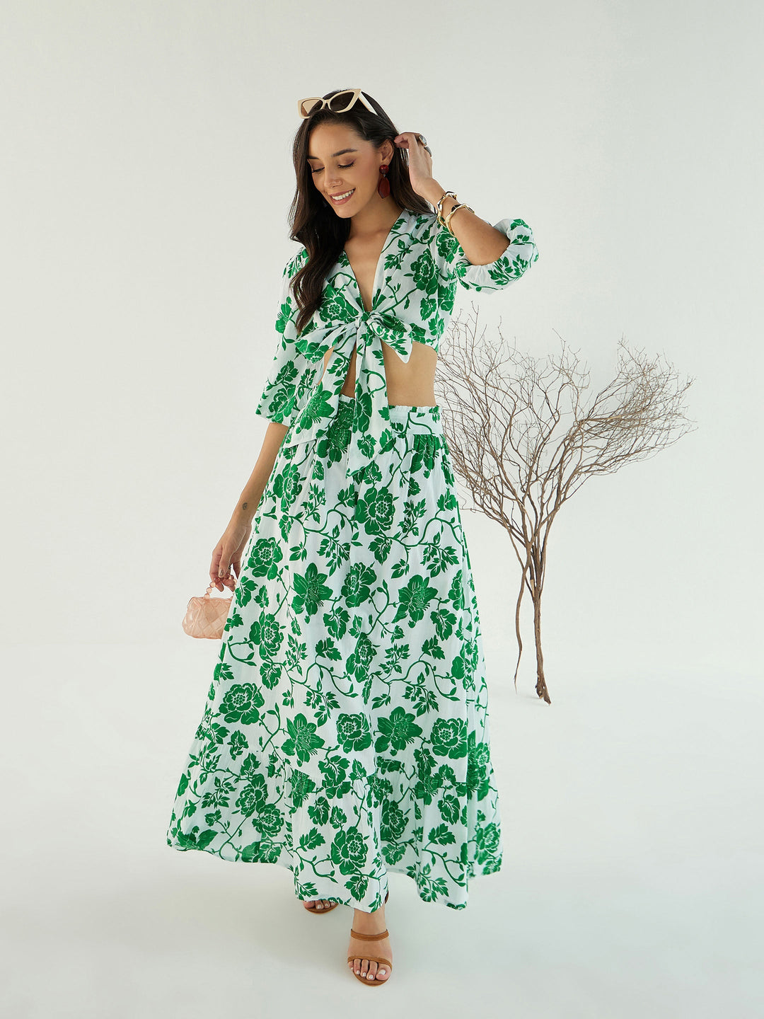 Women White &amp; Green Floral Wrap Neck Top With Skirt