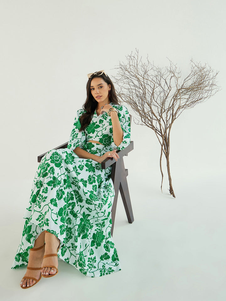 Women White &amp; Green Floral Wrap Neck Top With Skirt