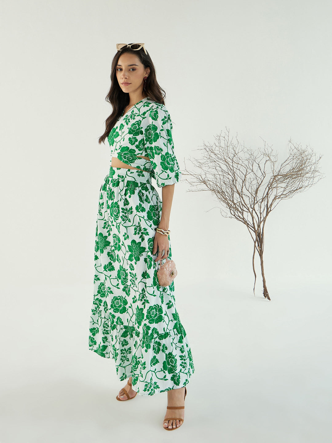 Women White &amp; Green Floral Wrap Neck Top With Skirt