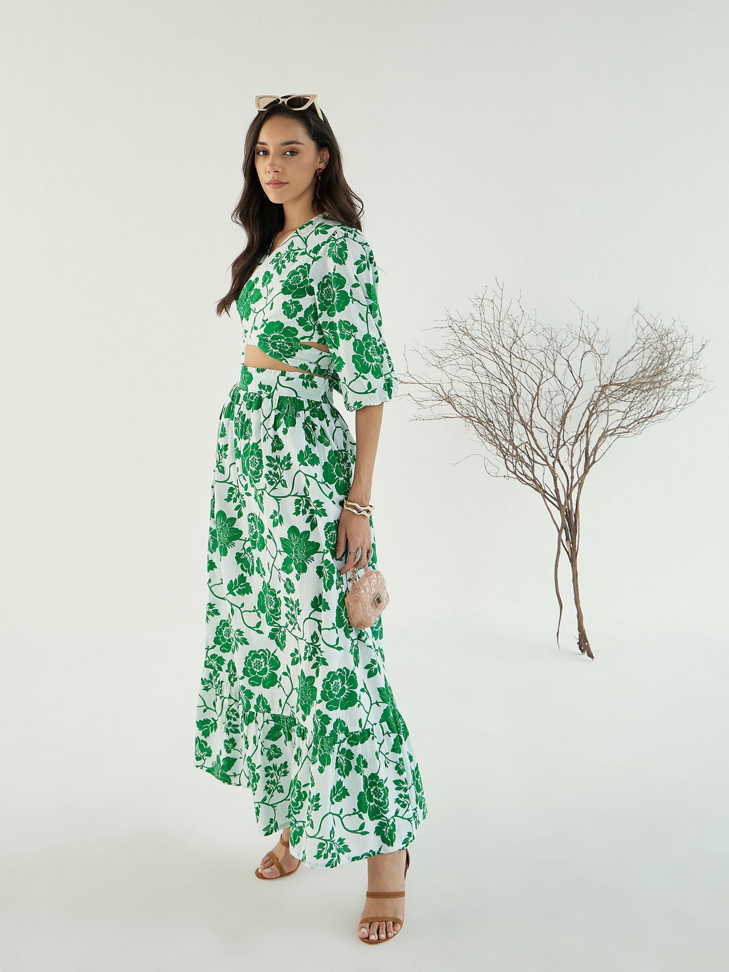 Women White & Green Floral Wrap Neck Top With Skirt