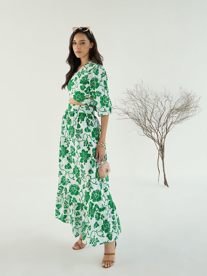 Women White &amp; Green Floral Wrap Neck Top With Skirt