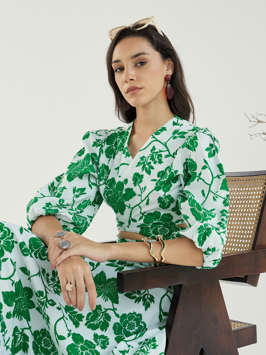 Women White &amp; Green Floral Wrap Neck Top With Skirt