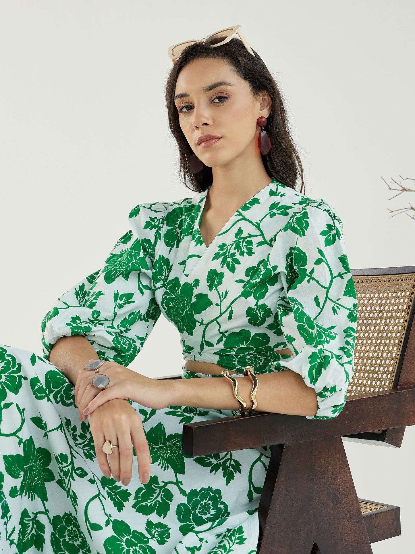 Women White & Green Floral Wrap Neck Top With Skirt