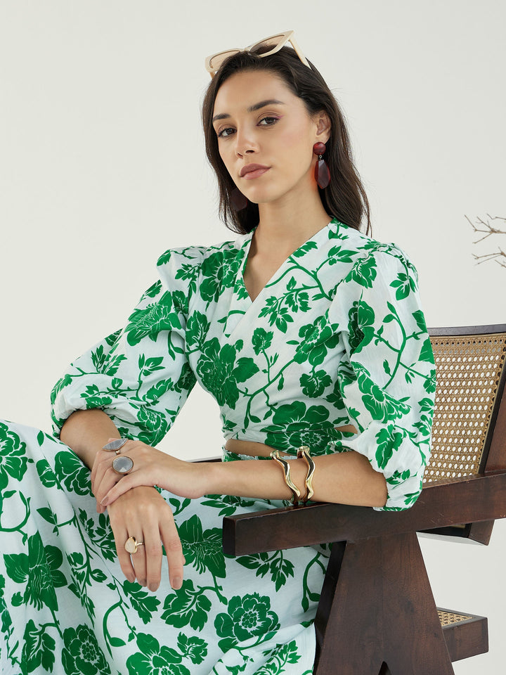 Women White &amp; Green Floral Wrap Neck Top With Skirt