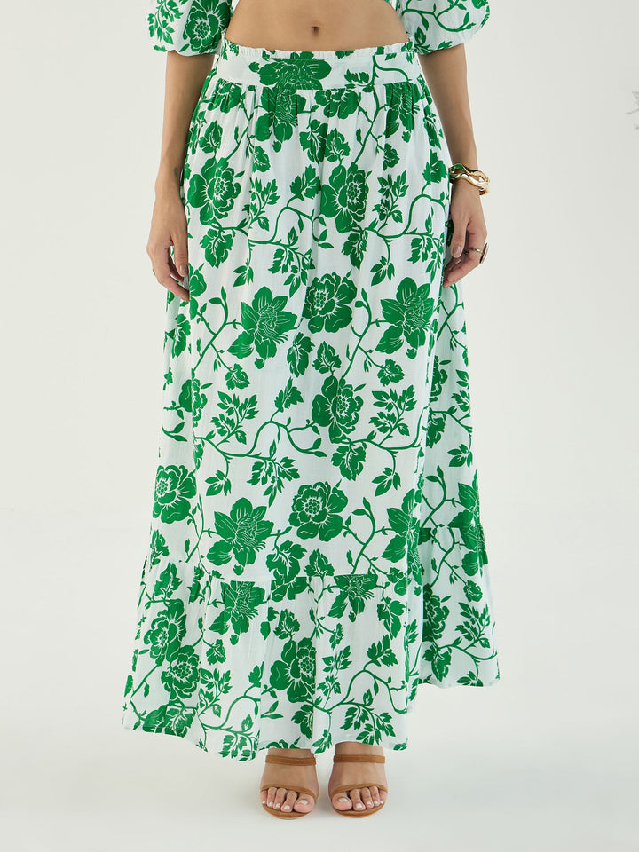 Women White &amp; Green Floral Wrap Neck Top With Skirt