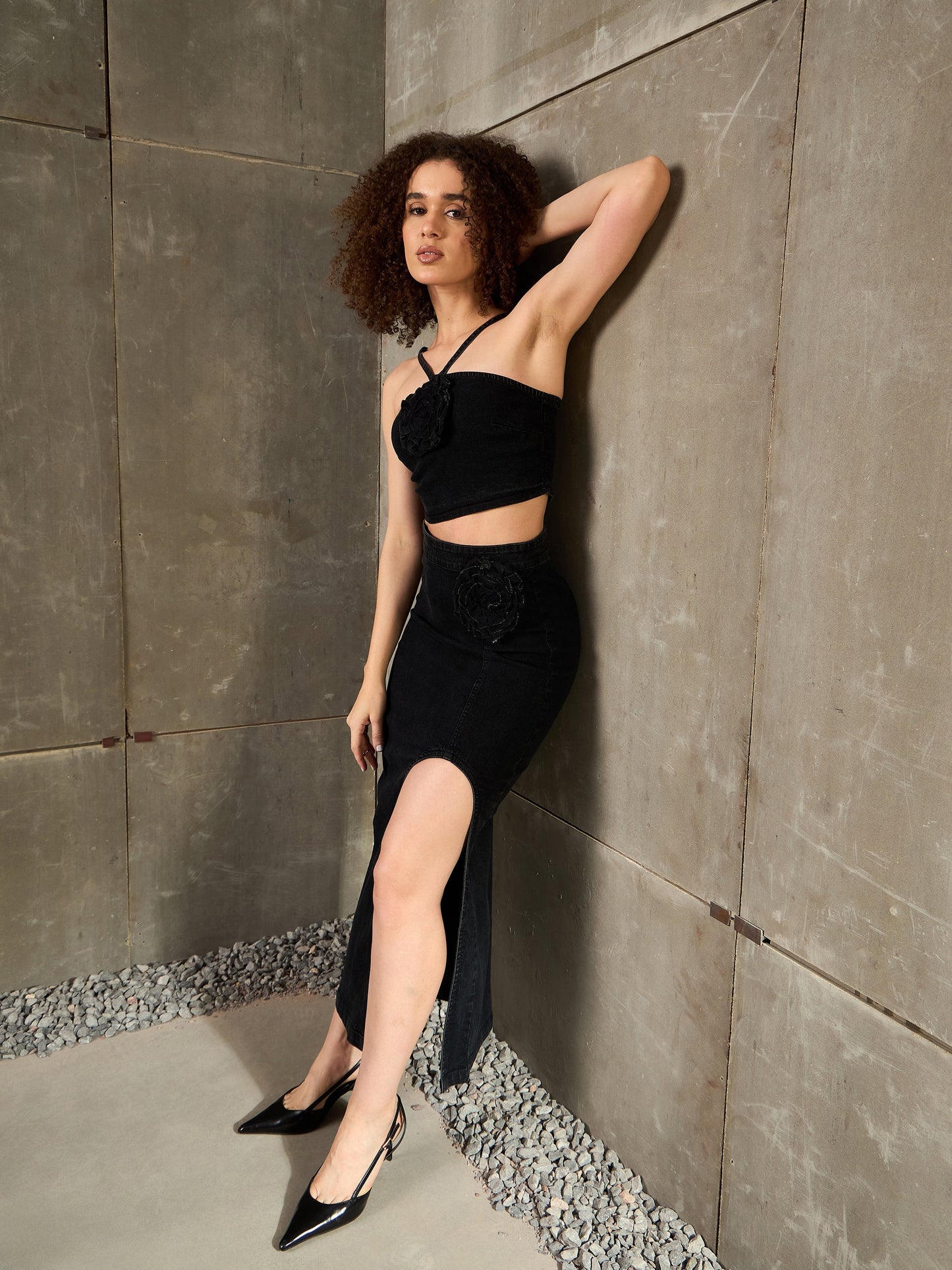 Women Black Washed Denim Corsage Crop Top With Skirt