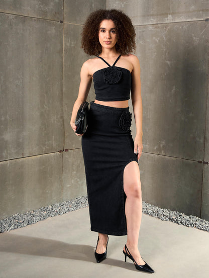 Women Black Washed Denim Corsage Crop Top With Skirt