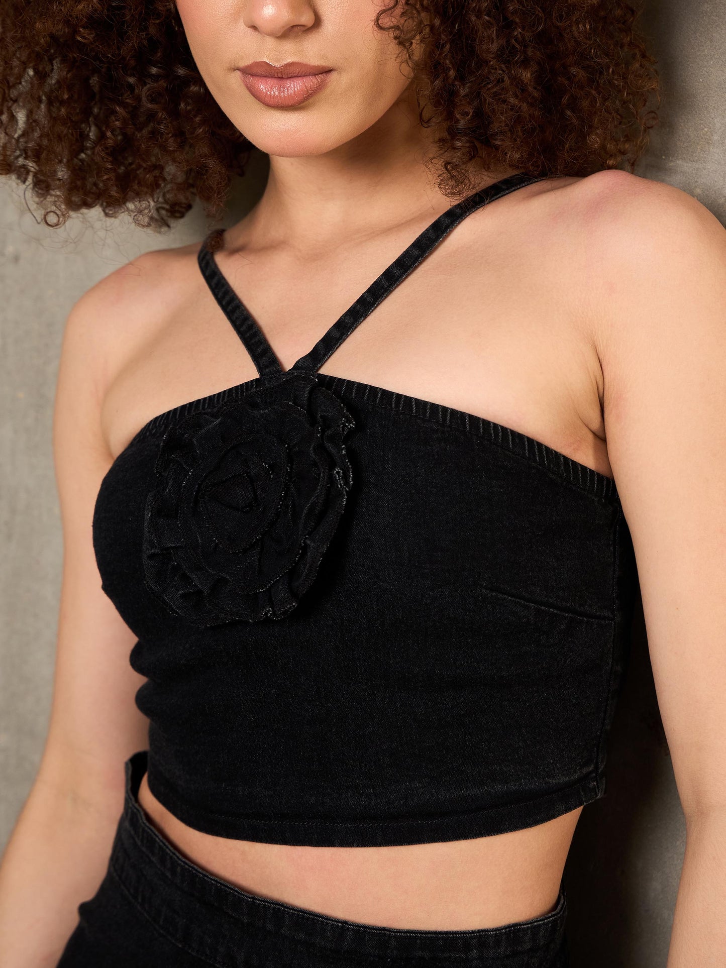 Women Black Washed Denim Corsage Crop Top With Skirt