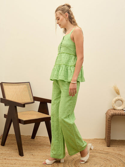 Women Green Schiffli Strappy Top With Pants