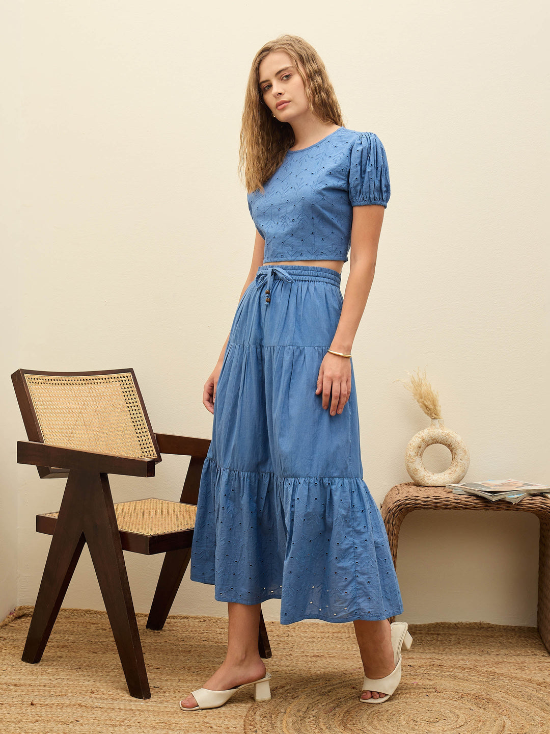 Women Blue Schiffli Crop Top With Flared Skirt
