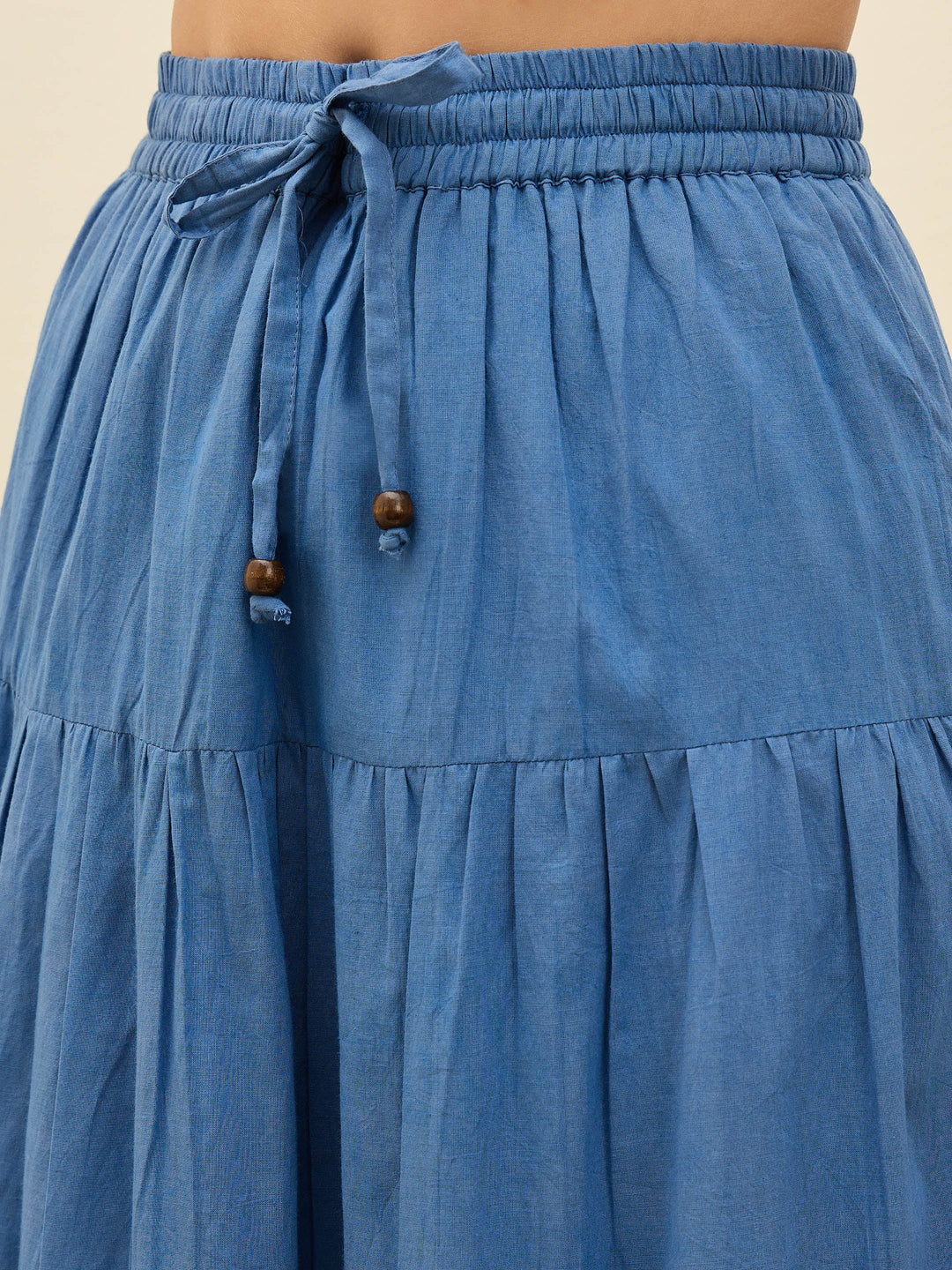 Women Blue Schiffli Crop Top With Flared Skirt