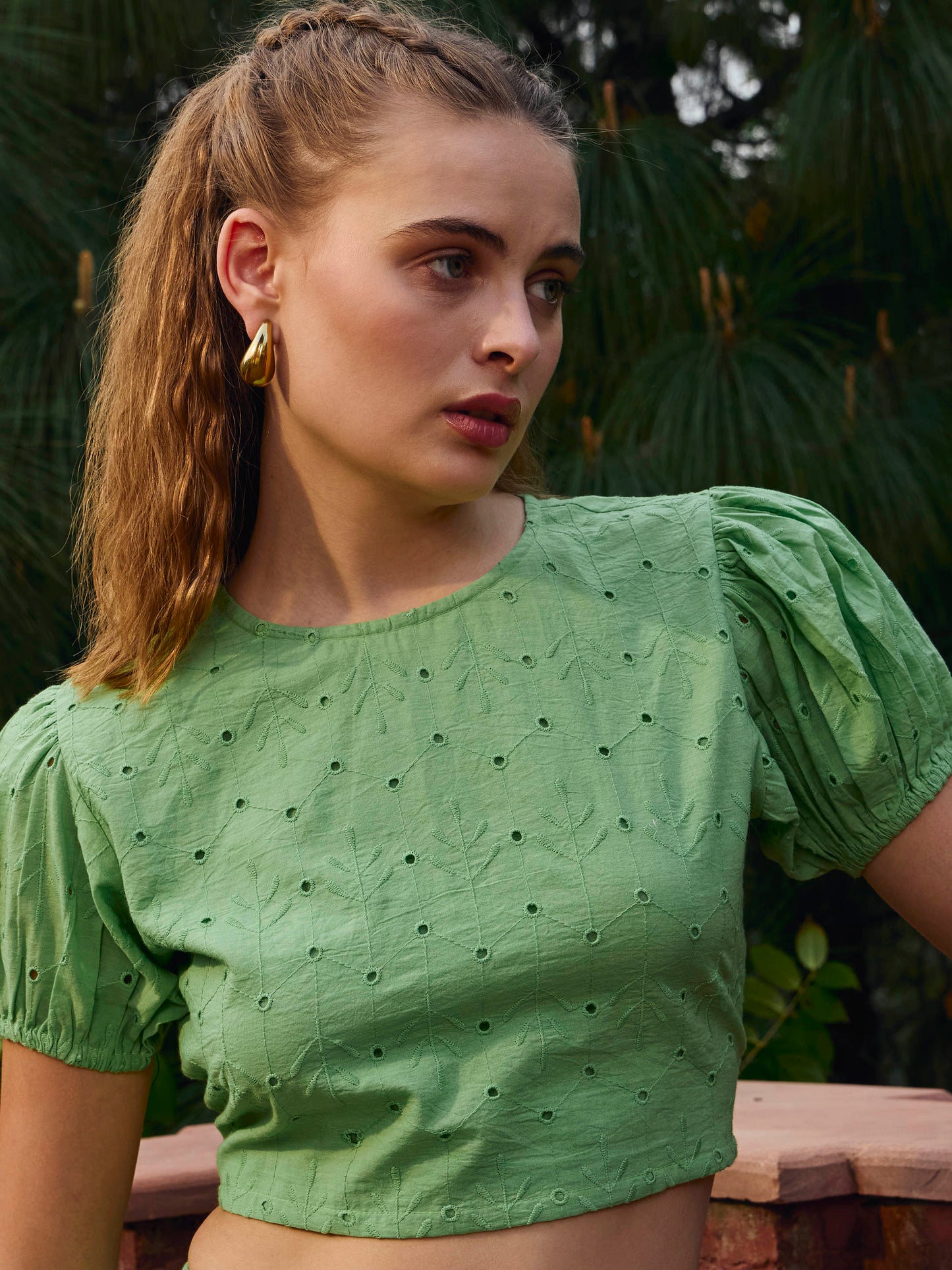 Women Green Schiffli Crop Top With Flared Skirt