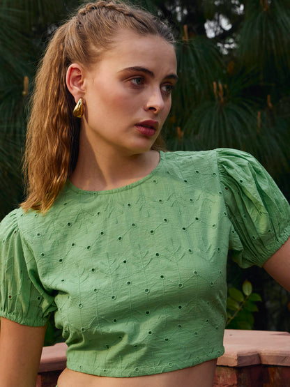 Women Green Schiffli Crop Top With Flared Skirt