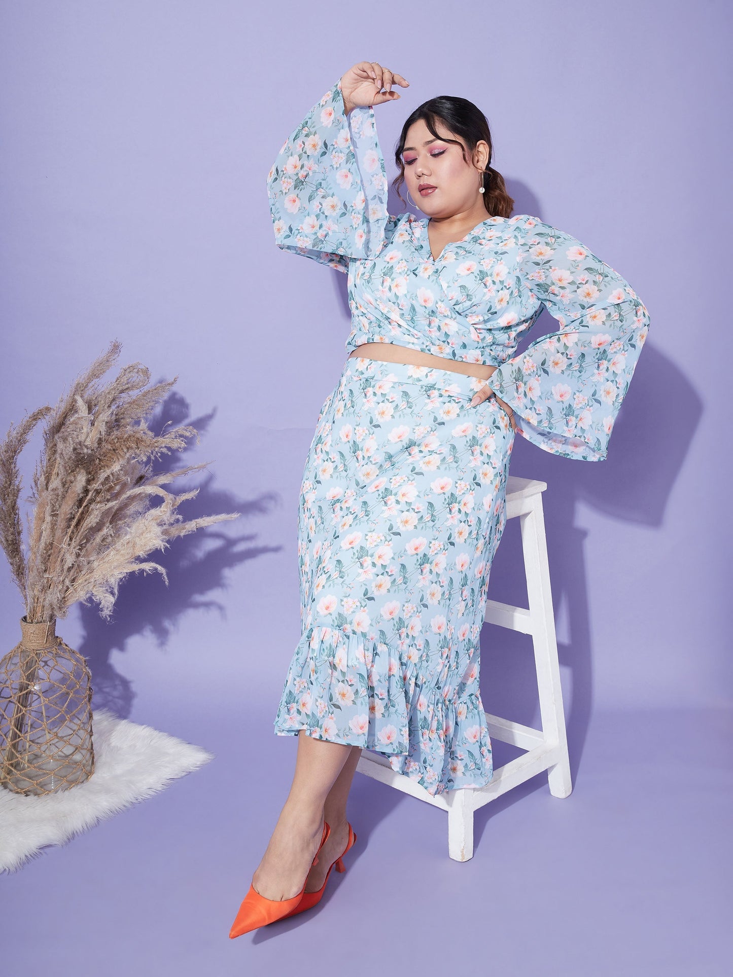 Turquoise Floral Crop Top With Midi Skirt