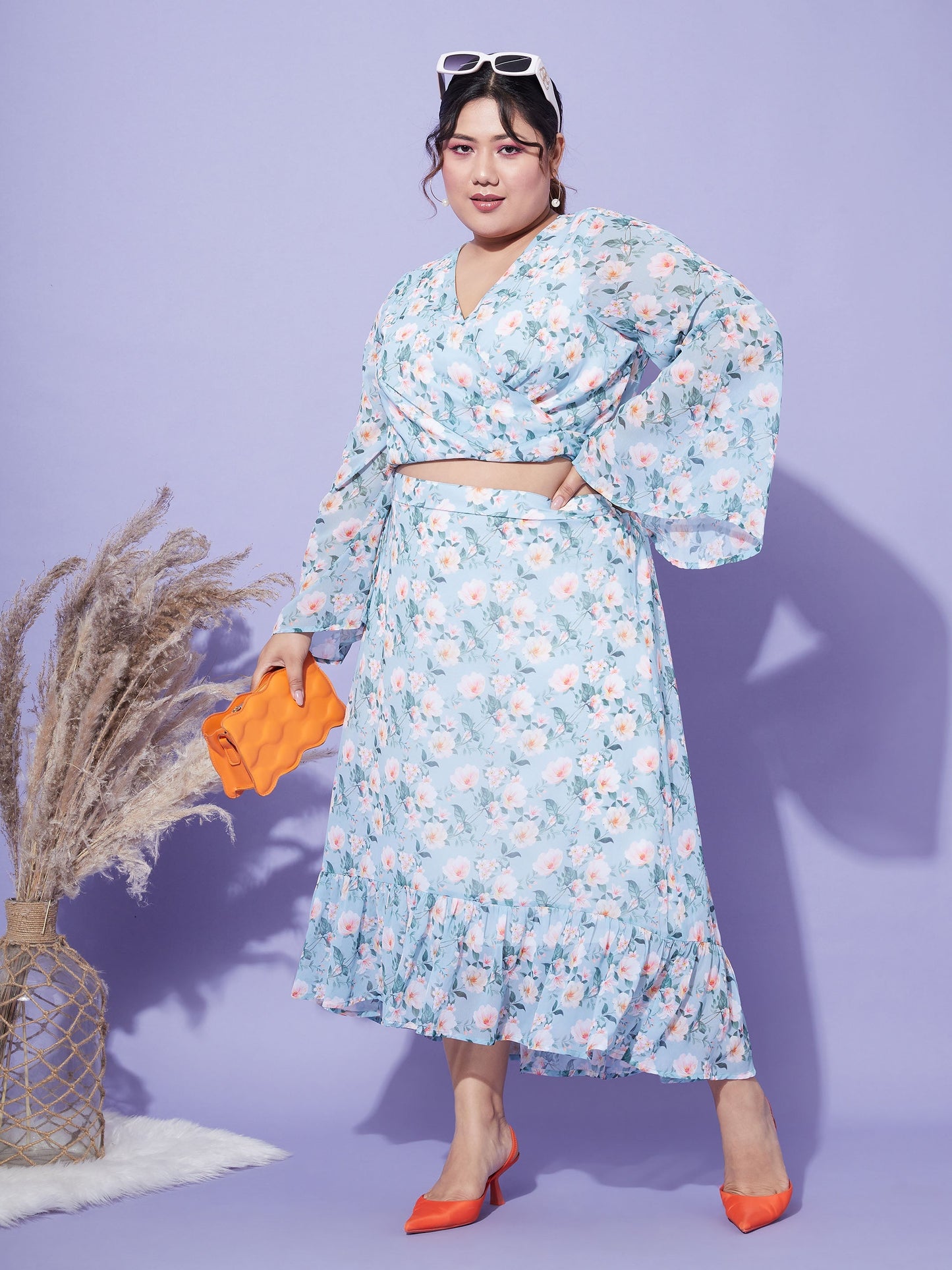 Turquoise Floral Crop Top With Midi Skirt