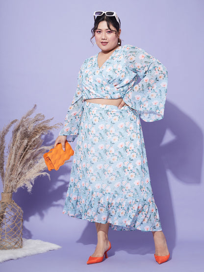 Turquoise Floral Crop Top With Midi Skirt