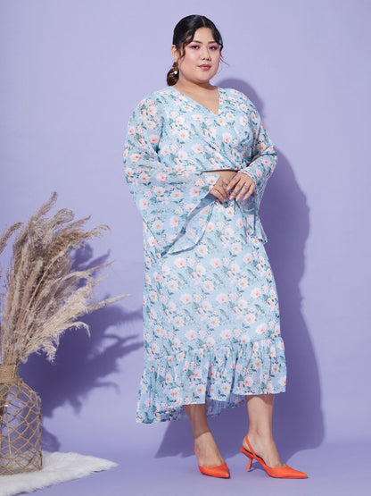 Turquoise Floral Crop Top With Midi Skirt