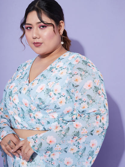 Turquoise Floral Crop Top With Midi Skirt