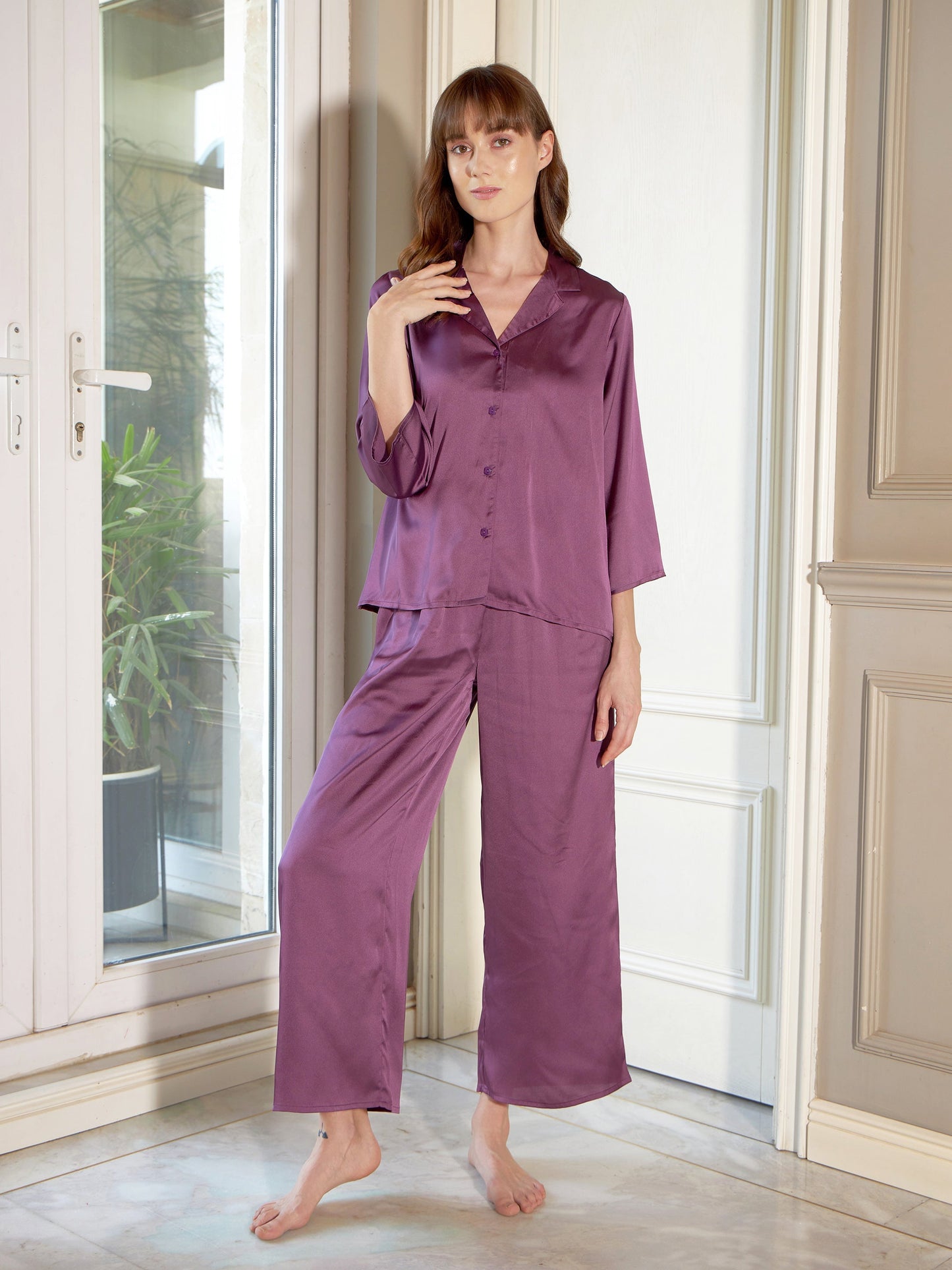 Purple Satin Shirt With Lounge Pants