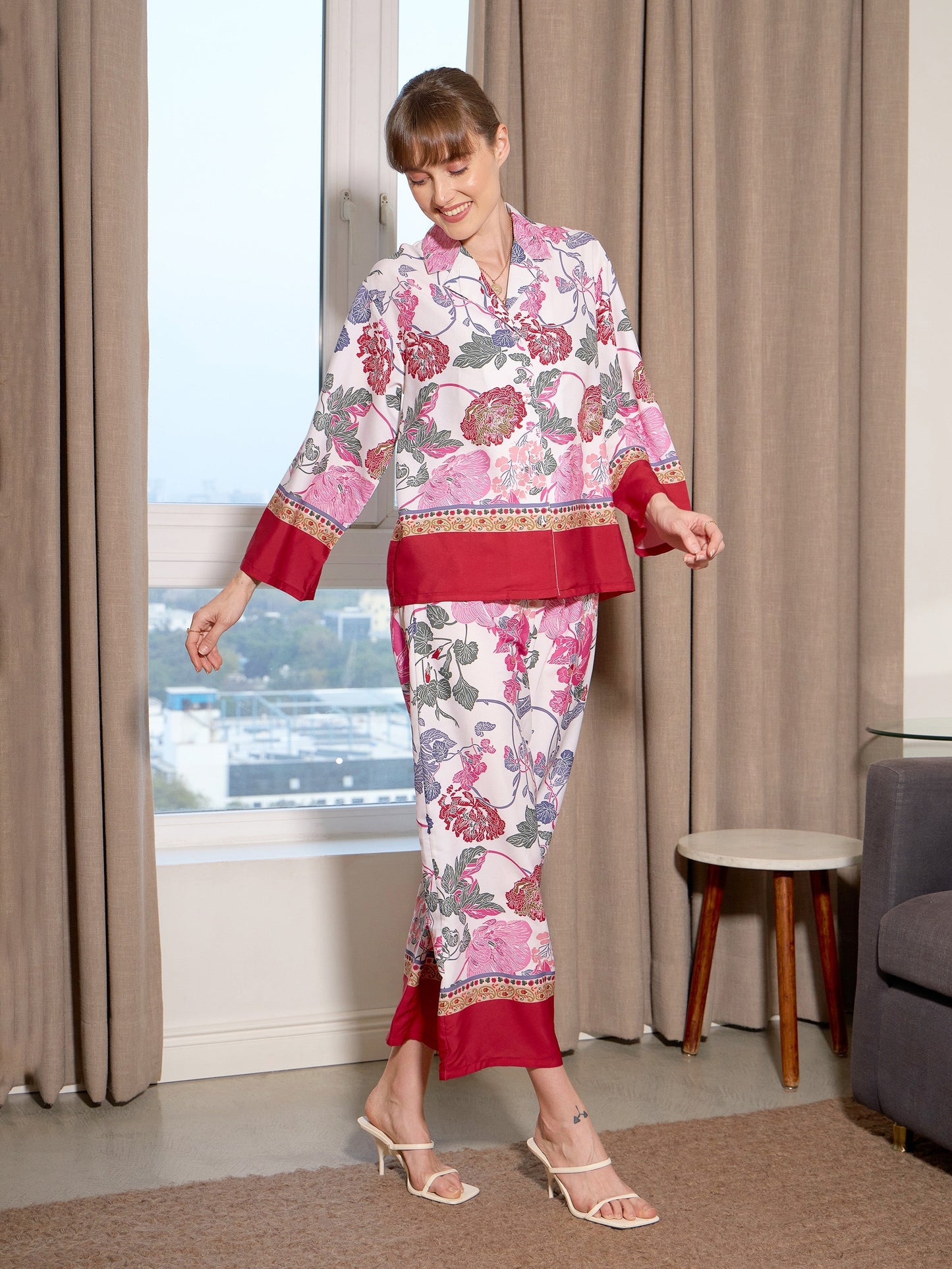 White Floral Notch Collar Shirt With Lounge Pants