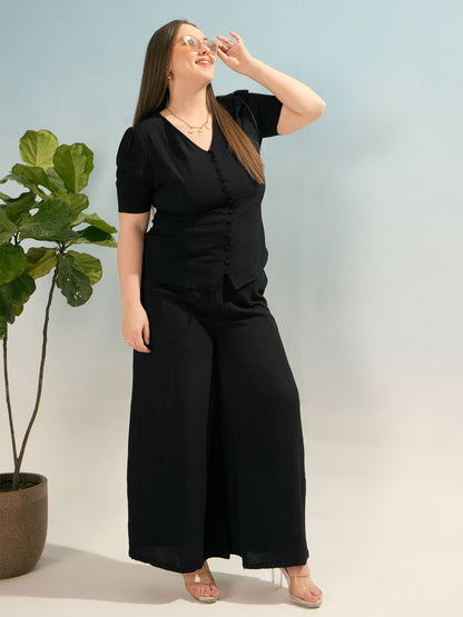 Black Button Down Top with Straight Pants