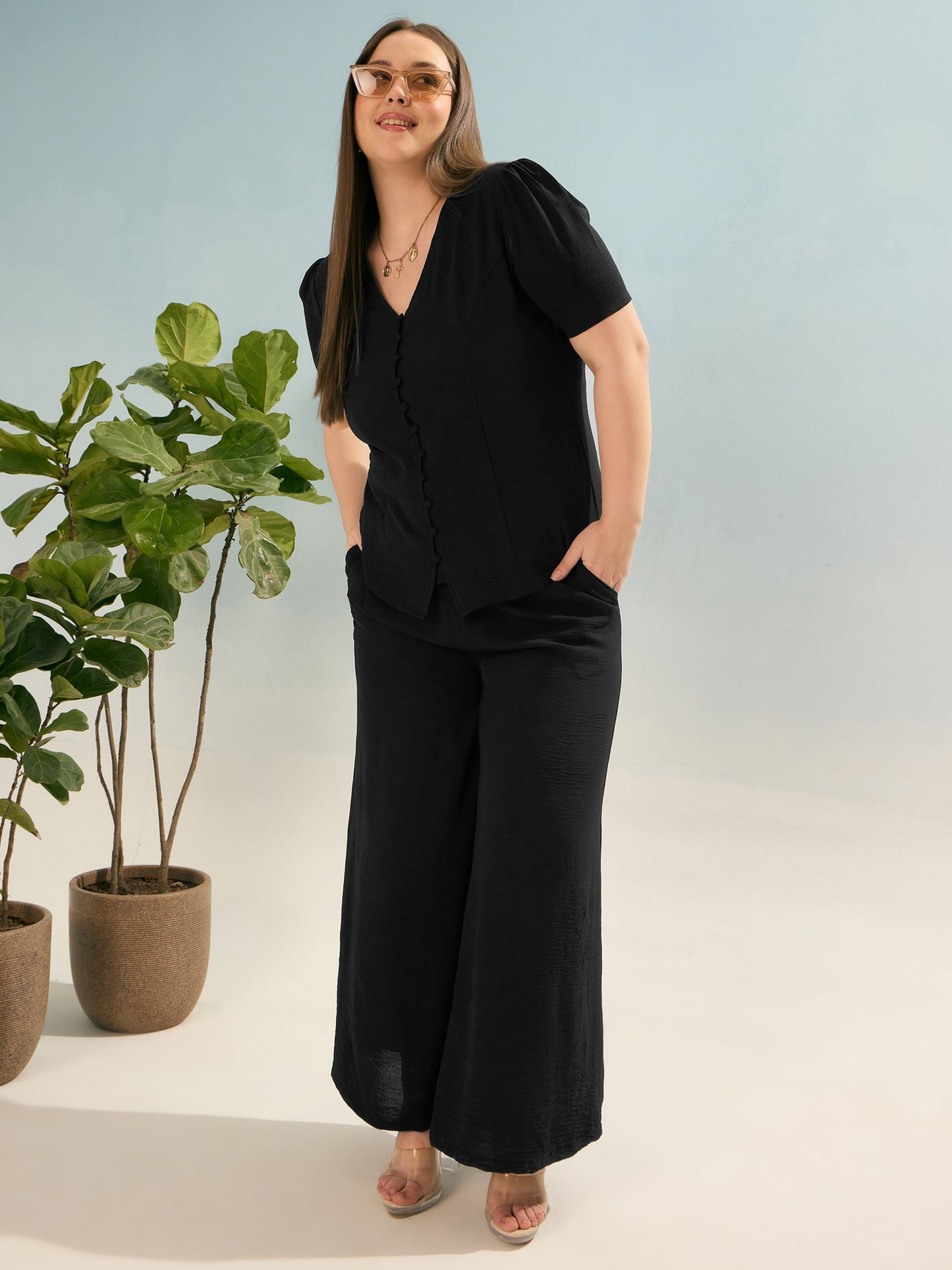 Black Button Down Top with Straight Pants