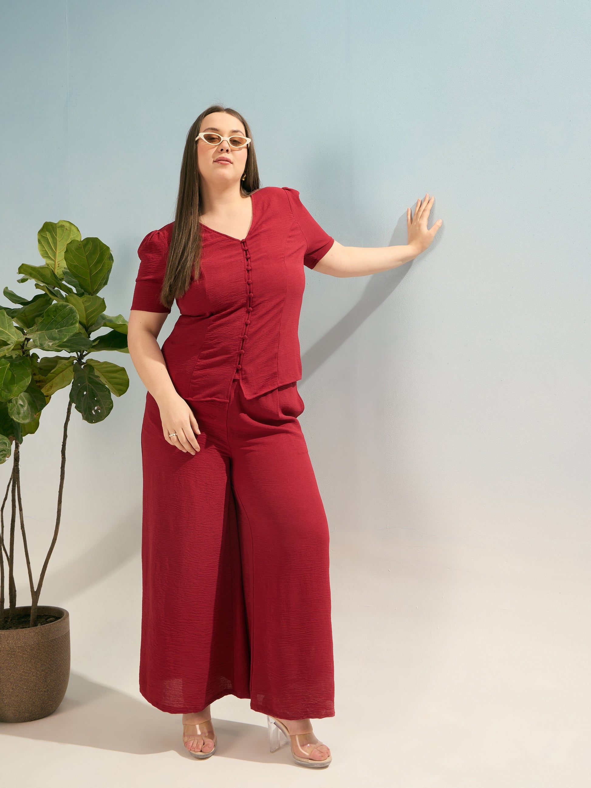 Plus size women's Maroon Polyester Maroon Button Down Top With Straight Pants by Sassafras Curve for wholesale buyers, boutiques, resellers and bulk