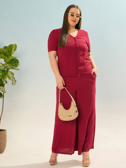Maroon Button Down Top With Straight Pants-SASSAFRAS Curve