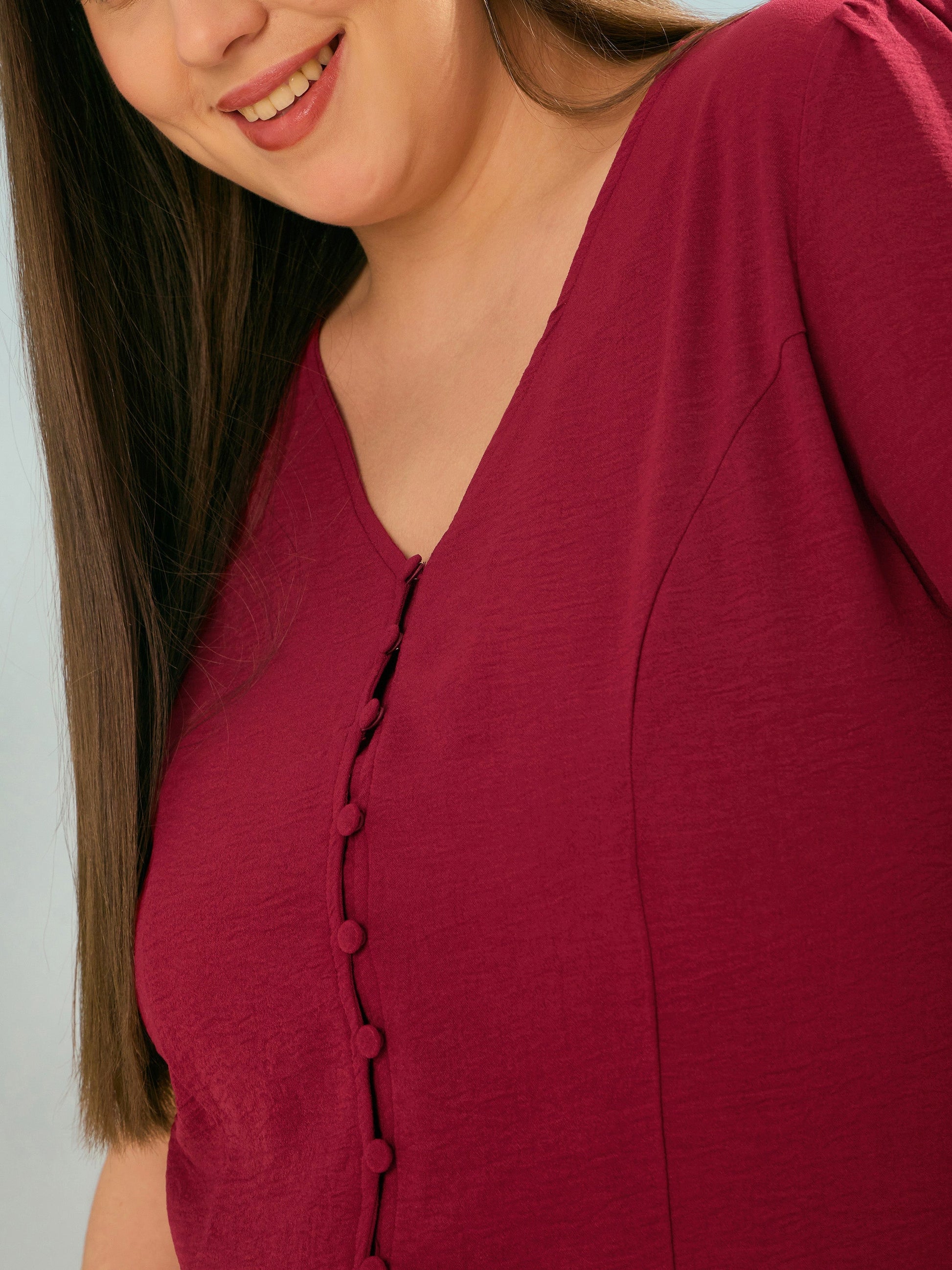 Maroon Button Down Top With Straight Pants-SASSAFRAS Curve