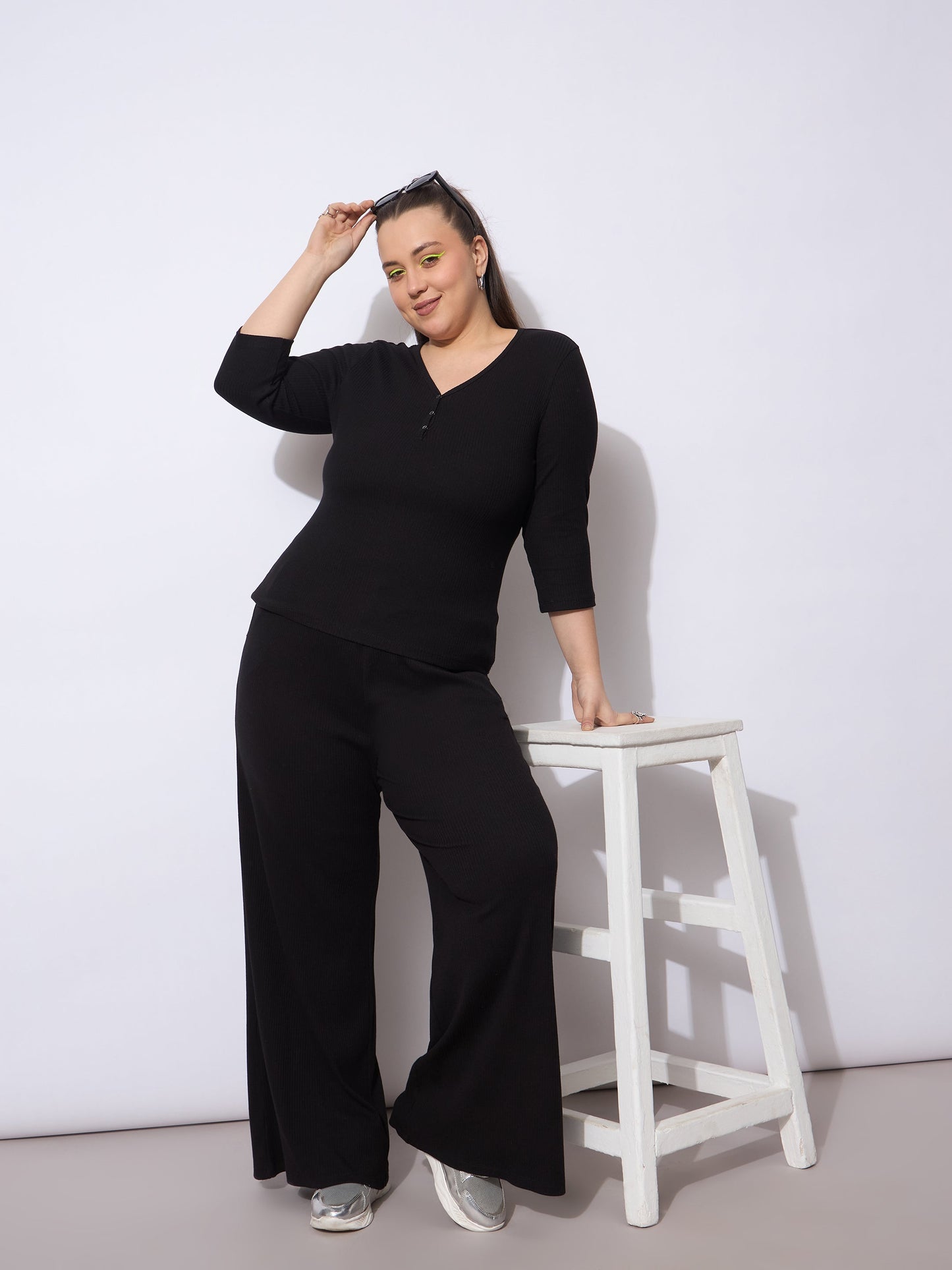 Black Rib Straight Pants With V Neck Top